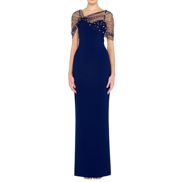 Theia Dresses & Skirts - Theia Louella Pearl Shawl Gown Navy Embellished Evening Dress NWT Size 4